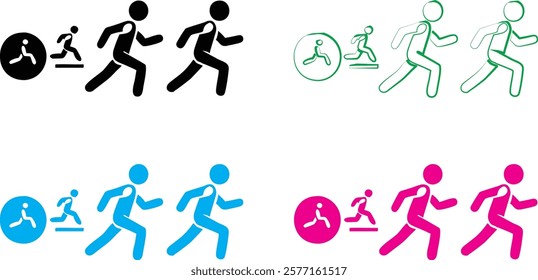 Minimalist stick figure runners, multiple color variations, simple geometric shapes, dynamic motion, running silhouettes, flat design, colorful icons, sports pictograms, abstract athletic symbols, cle