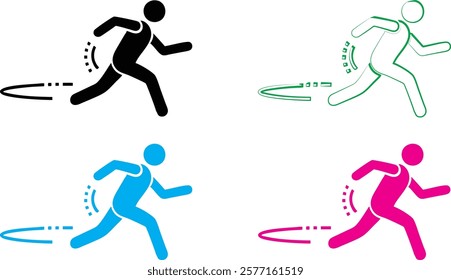 Minimalist stick figure runners, multiple color variations, simple geometric shapes, dynamic motion, running silhouettes, flat design, colorful icons, sports pictograms, abstract athletic symbols, cle