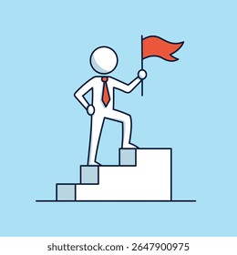 Empresário de stickman minimalista de pé orgulhosamente em escadas com bandeira vermelha, representando liderança, sucesso, realização, motivação e crescimento de negócios em design plano moderno.