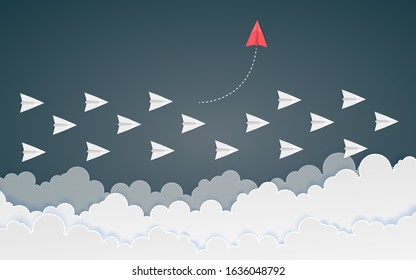 Minimalist stile red airplane changing direction and white ones. New idea, innovation and unique way concept