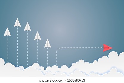 Minimalist stile red airplane changing direction and white ones. New idea, innovation and unique way concept