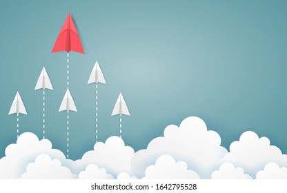 Minimalist stile red airplane changing direction and white ones. New idea, innovation and unique way concept