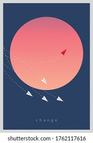 Minimalist stile red airplane changing direction and white ones. New idea, change, trend, courage, creative solution, innovation and unique way concept