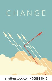 Minimalist stile red arrow changing direction and white ones. New idea, change, trend, courage, creative solution,business, innovation and unique way concept.