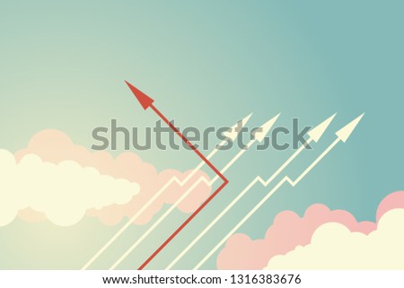 Minimalist stile red arrow changing direction and white ones. New idea, change, trend, courage, creative solution,business, innovation and unique way concept