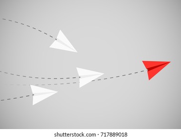 Minimalist stile red paper airplane show direction for white ones. Leader, boss, manager, winner concept. Vector illustration