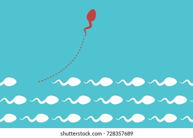 Minimalist stile red sperm cell changing direction and white ones. New idea, change, trend, courage, creative solution, innovation and unique way concept.