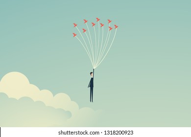 Minimalist stile. vector business finance. Freedom concept. Business person flying up with birds. Emotion of freedom and happiness, above risk and danger, the businessman balances 