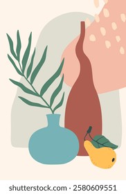 Minimalist still life composition balancing organic shapes with geometric forms, featuring a vase with a plant, a bottle, and a pear, creating a serene and artistic atmosphere