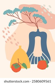 Minimalist still life composition featuring a persimmon, a bonsai tree in a blue vase, a yellow vase, and abstract shapes creating a modern and artistic aesthetic