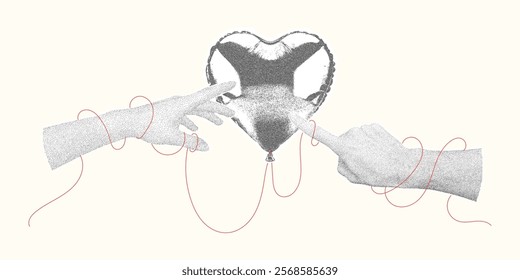 Minimalist Stipple Illustration of Two Hands and Heart Balloon