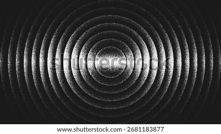 Minimalist stippling geometric design with concentric circles symbolizing infinity motion, depth, energy and vibration. Dynamic illusion of sound waves and ripples spreading endlessly in space. Vector