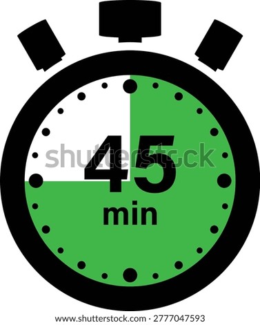 Minimalist stopwatch icon displaying a forty five minute interval. Features a vibrant green progress indicator and bold black text on a white background. Ideal for educational materials, sports training schedules, and productivity apps. This flat vector graphic provides clear visual communication for timing tasks and managing deadlines efficiently.