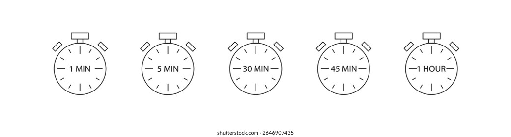 Minimalist stopwatch icon set representing different time durations: 1 minute, 5 minutes, 30 minutes, 45 minutes, and 1 hour. Perfect for UI UX design, time management apps, fitness trackers, or video