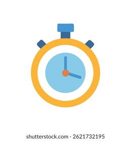 A minimalist stopwatch illustration with light blue face, orange hands, and golden frame. Depicted in a simple, flat style, isolated on White.