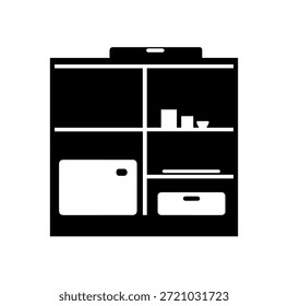 Ilustração de vetor de silhueta de armário de armazenamento minimalista com prateleiras e gavetas para organização de casa e design de móveis de escritório