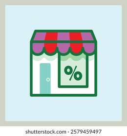 Minimalist store icon with a percentage symbol displayed in a green color scheme