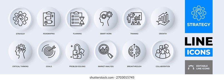 Conjunto de iconos de contorno de trazo editable de estrategia minimalista