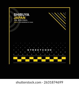Minimalist streetwear graphic with "Shibuya Japan" text, checkerboard pattern, and Japanese kanji. Designed for t-shirt prints, hoodie designs, or urban fashion branding.