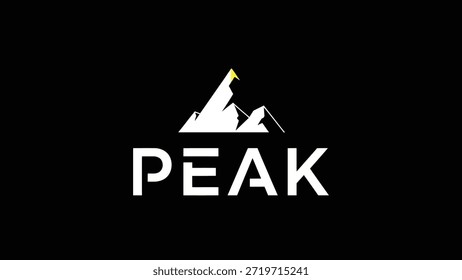 Um logotipo minimalista e impressionante com um pico estilizado de montanha branca com um sotaque amarelo, posicionado acima da palavra branca arrojada 'PEAK' contra um
