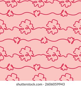 Minimalist stripe seamless pattern with hand-drawn wavy lines and abstract spring flowers. Elegant girly style. Pink tone background with bold red outlines graphic for fabric or wallpaper