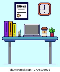 Minimalistische Büro-Illustration für Studierende. Flaches design, Vektorgrafik, die einen sauberen, minimalistischen Arbeitsbereich mit Laptop, Diplom, Ordner und Kaffee zeigt. Ideal für die Präsentation von Themen