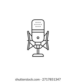 Icono de micrófono de estudio minimalista con soporte
Ilustración estilizada del micrófono en blanco y negro que muestra un soporte de choque y un Botón central. Diseñado para la grabación de audio.