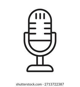 Icono de línea de micrófono de estudio minimalista en el soporte. Ilustración vectorial adecuada para podcast, radio y símbolos de grabación de audio.
