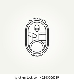 minimalist studio record badge line art icon logo template vector illustration design. simple music studio with mic and drum kit tool emblem logo concept