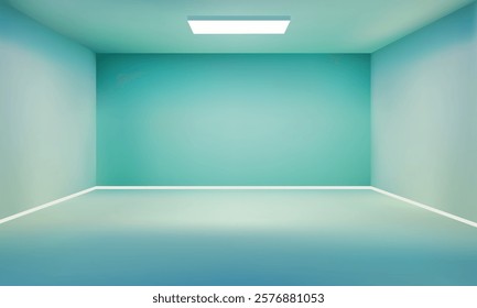 Minimalist Studio Room with Soft Teal Walls and a Bright Ceiling Light, Modern Interior Design, Ideal for Architectural Backgrounds, Design, Digital Projects, 3D Renderings, and Clean Studio Concepts.