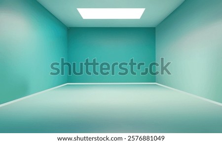 Minimalist Studio Room with Soft Teal Walls and a Bright Ceiling Light, Modern Interior Design, Ideal for Architectural Backgrounds, Design, Digital Projects, 3D Renderings, and Clean Studio Concepts.