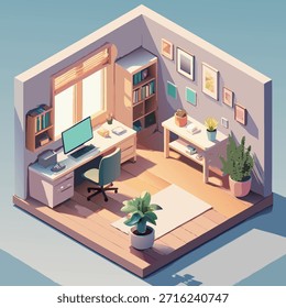 Sala de estudio minimalista con escritorio, computadora, estantería, arte enmarcado, plantas y luz natural