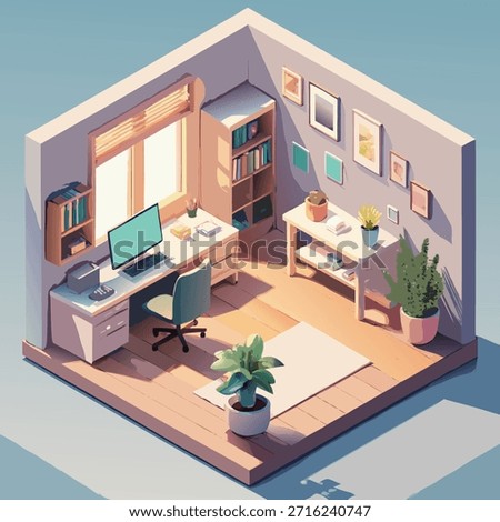 Minimalist study room with desk, computer, bookshelf, framed art, plants, and natural sunlight
