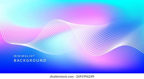 Os gráficos abstratos de estilo minimalista enfatizam o brilho e o fluxo, com gradientes de azul, rosa e roxo, criando uma atmosfera brilhante, confortável e dimensional.