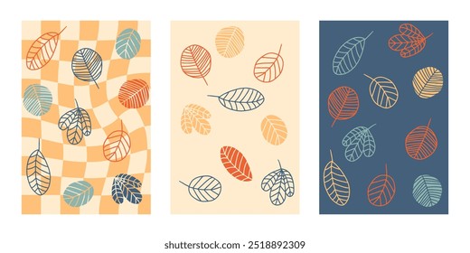 Minimalist style autumn posters vector set with hand drawn falling leaves. Perfect templates for celebration, branding, banner, cover, label, poster, sale.