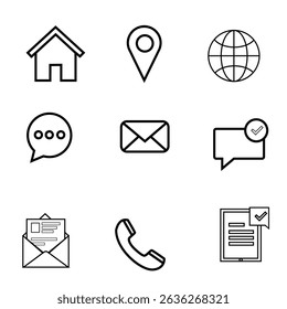 Minimalist Style Black Line Communication and Contact Icons Set on white background.