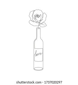 Minimalist style bottle with rose flower. Romantic line art for print, tattoo, poster or card. One line drawing with wine bottle. - Vector