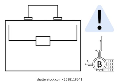 A minimalist style briefcase, warning sign, and Bitcoin symbol. Ideal for business, finance, cryptocurrency, security, and digital technology themes. The items are outlined in black on a white