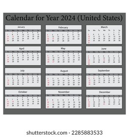 Minimalist style Calendar 2024 (United States) . 2024 English language with United States public holidays. Week starts from Sunday. Graphic design vector illustration.