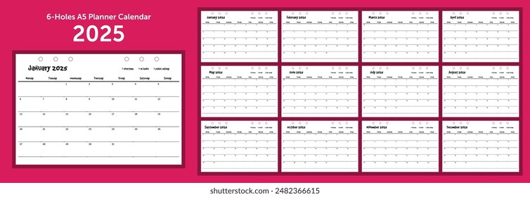 minimalist style calendar 2025 for diary. 6-holes A5 size planner. week start on monday. with notes space
