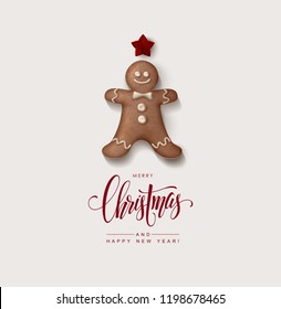 Minimalist Style Christmas Greeting Card with Gingerbread Man and Calligraphic Inscription