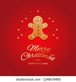 Minimalist style Christmas greeting Card with gingerbread man and calligraphic inscription, vector illustration.