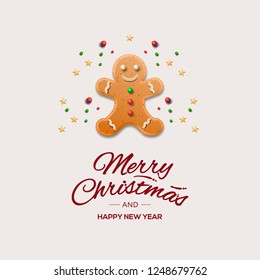 Minimalist style Christmas greeting Card with gingerbread man and calligraphic inscription, vector illustration.