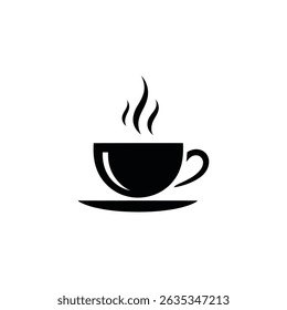 Minimalist style coffee cup vector icon on a saucer, steaming with hot drink, isolated on transparent background for versatile use in graphic design.
