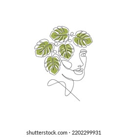 Minimalist style continuous one line woman face with monstera leaves