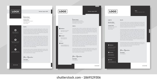 Minimalist style corporate business letterhead design in black and white. Modern elegant official letterhead template with company logo. Professional stationary and corporate identity graphic layout.