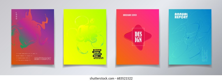 Minimalist style cover design set. Abstract brochure cover layout graphic concept. Vector perfect gradient mesh, dynamic background. Colorful minimal design artistic poster. Yellow, Red, Blue, Violet