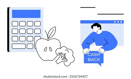 A minimalist style depiction of a calculator, apple, broccoli, and a person holding a cashback sign. Ideal for themes such as healthy lifestyle, financial savings, balanced nutrition, discounts