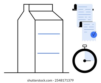 Un diseño de estilo minimalista muestra un cartón de leche, una lista de verificación y un temporizador. Ideal para temas de gestión del tiempo, compras de comestibles, envasado de alimentos, productividad y planificación. Enfatiza la simplicidad