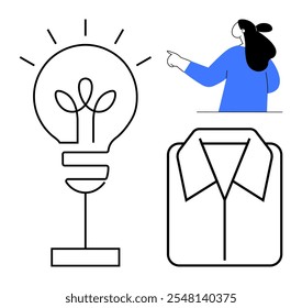 Minimalist style drawing of a light bulb with leaves inside, a person pointing, and a folded shirt. Ideal for creativity, innovation, professionalism, design, and business themes. Simple and clean